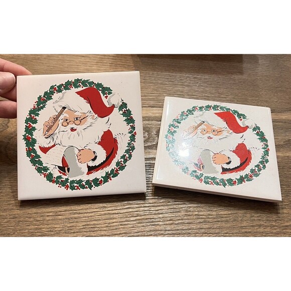 Jasco 1981 Vintage Christmas Ceramic Tile Trivets 2 Santa Claus White Red 4”x4” - Picture 1 of 5